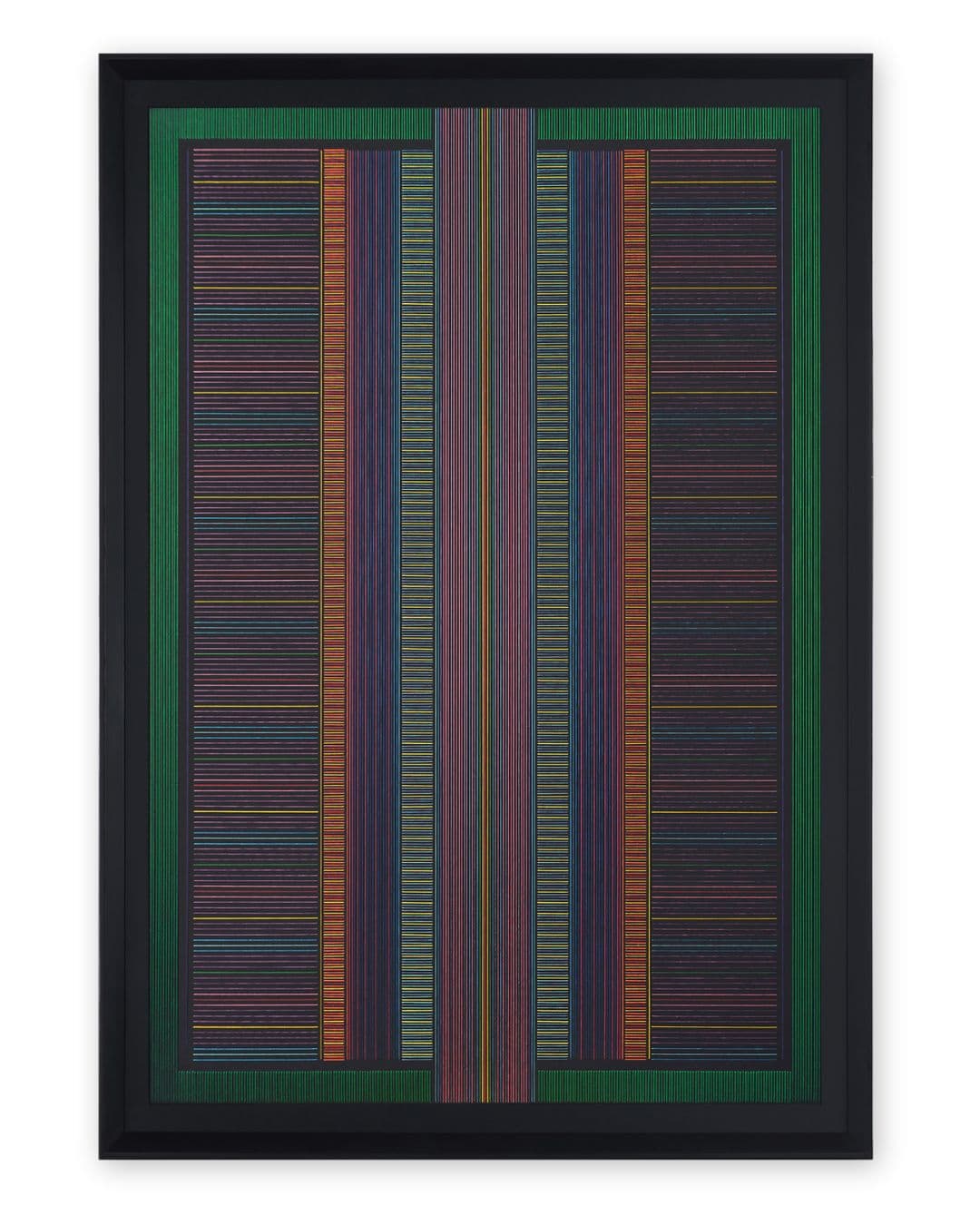 A framed art work with colourful lines stitched onto a black background.