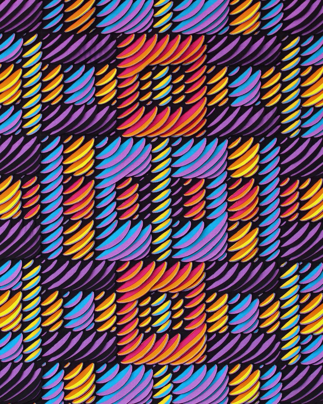 A stitched artwork of a colourful, textured pattern on a black background.