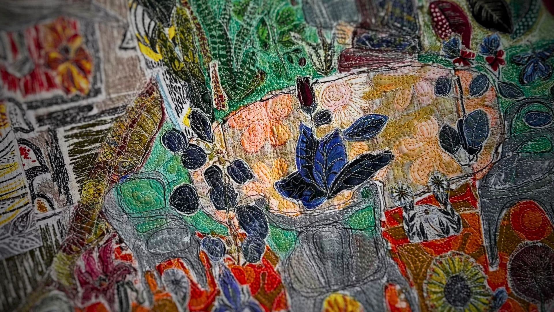 Stitched artwork of an abstract image of a man sitting in a garden