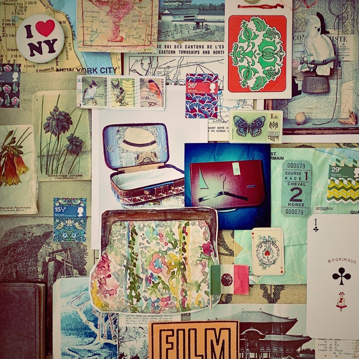 A moodboard with pictures of cards, maps, stickers and other travel memrobelia.