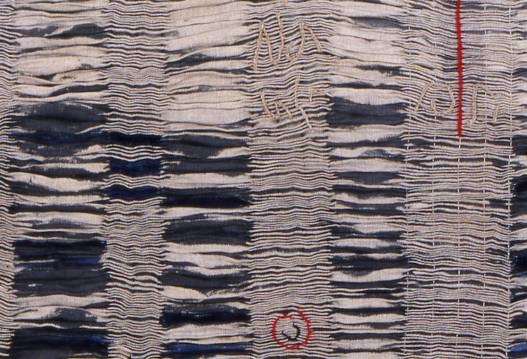 Caroline Bartlett, Annotations, 2006, discharged, pleated, stitched, linen cotton thread, 92cm x 82cm