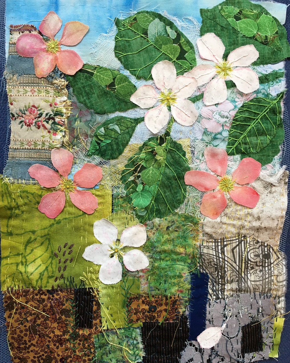 Heléne Forsberg, Apple Blossom, 2020. 27cm x 33cm (11" x 13"). Hand stitch, appliqué, paint. Cotton fabric. Merill Comeau, Experiment with Expressive Stitch.