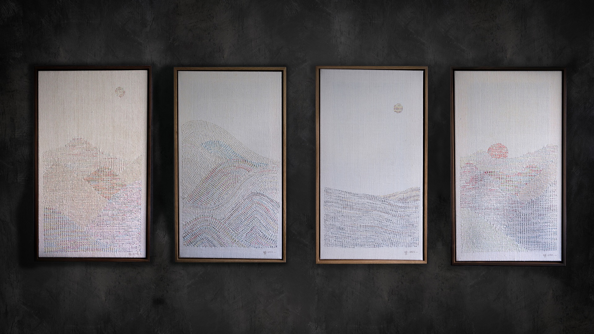 Archana Pathak, Reimagined Landscape series, 2022. Four works, each sized 38cm x 68cm. Hand embroidery. Vintage linen/ hemp. Photo: Adele Annette 