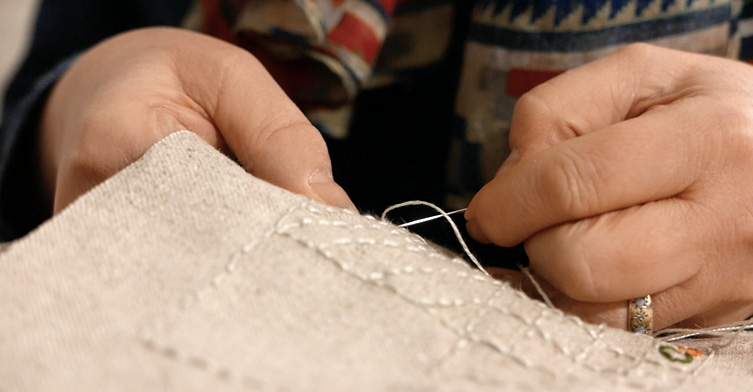 Textile artist Sue Stone at work|Tapetum Brevis (detail)