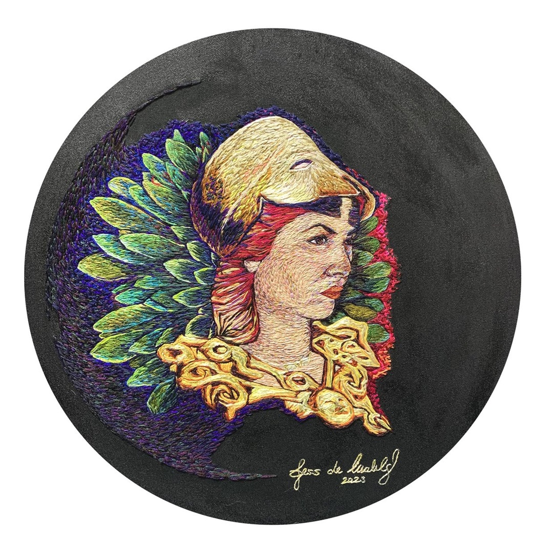 Jess De Wahls, Athena, 2023. 30cm x 42cm (12" x 16"). Hand embroidery. Various embroidery threads.