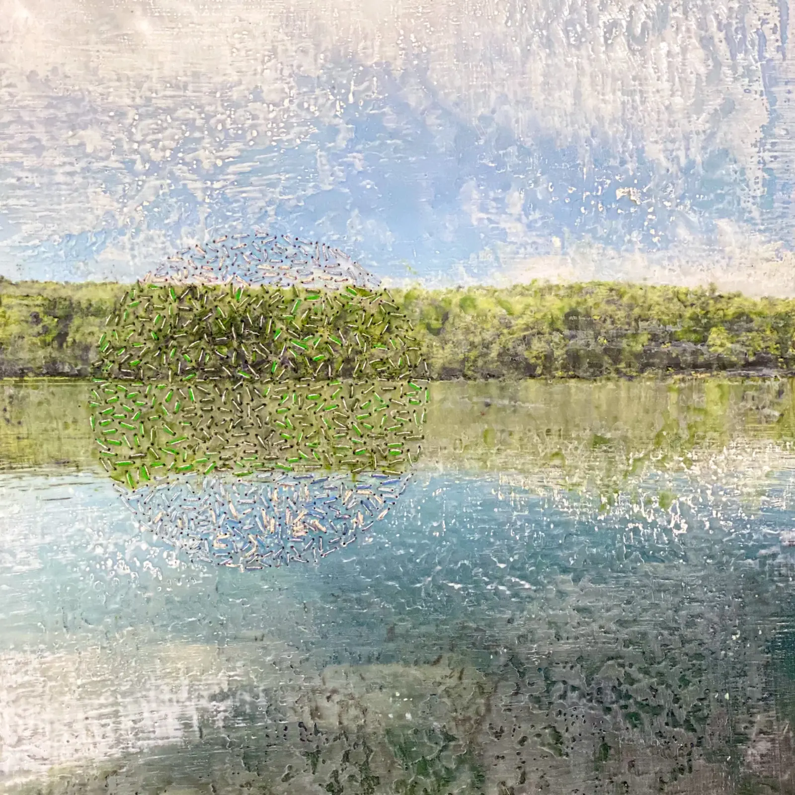 Ava Roth, Hardwood Lake, After the Rain, 2022. 46cm x 61cm (18" x 24"). Encaustic, oil stick, embroidery floss on wood panel. Photography, encaustic painting, embroidery.