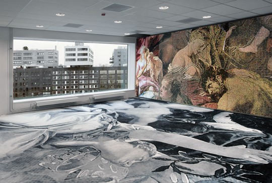 Barbara Broekman – Palace of Justice, Amsterdam. Good & Evil (2013). Wall hanging 300x600cm  Jacquard machine woven. Carpet 800x1000cm axeminster woven. Photo Gert Jan van Rooij.