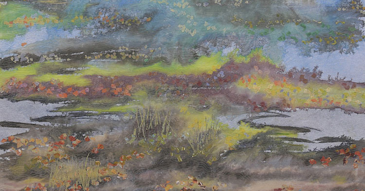 Barbara Lee Smith – Marshland Reflections|Mixed media textile art by Barbara Lee Smith – Marshland Twighlight|Barbara Lee Smith – The Presence II|Barbara Lee Smith – Whitecaps – 69" x 144"|Barbara Lee Smith – Wind