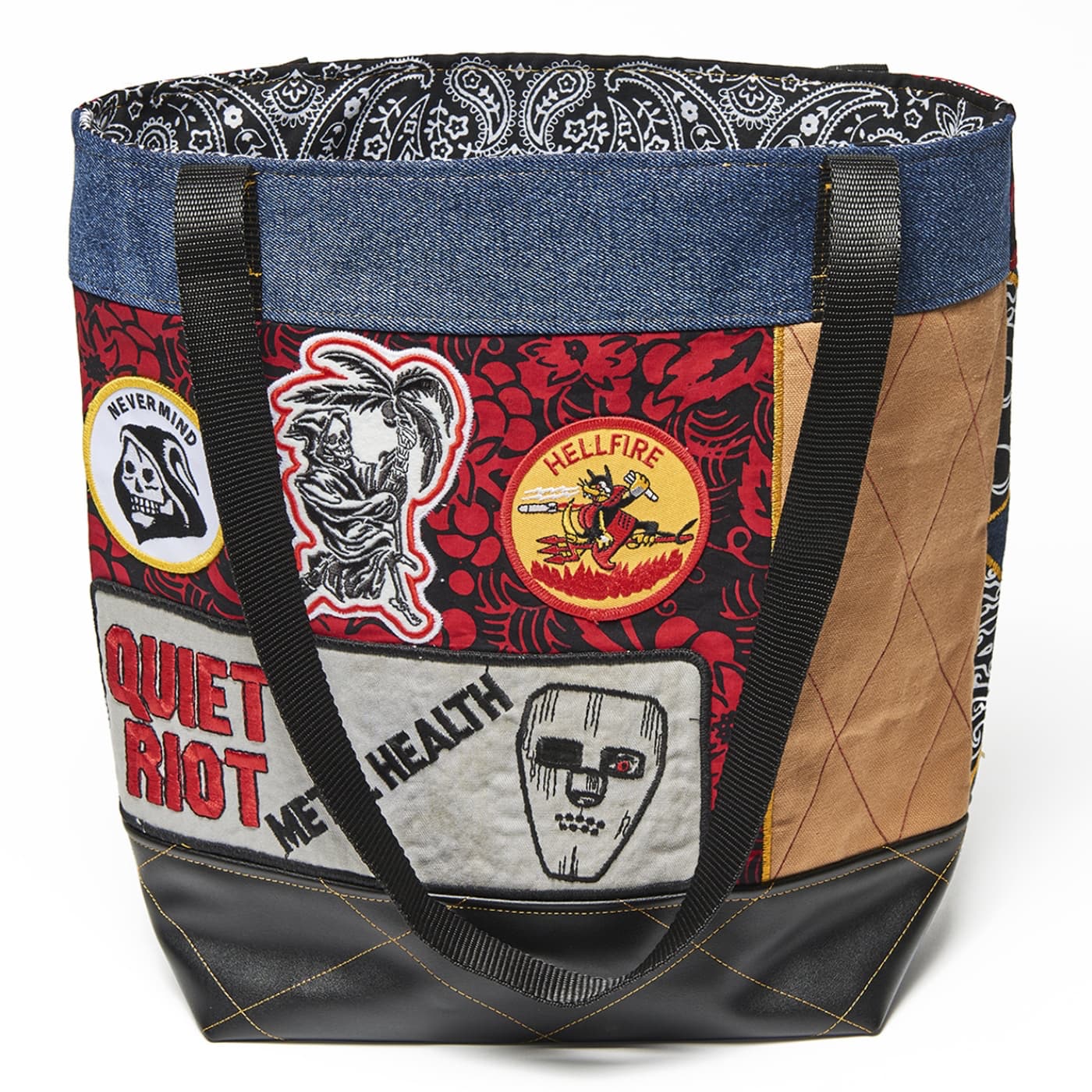 Ben Venom, Riot Quietly, 2023. 61cm x 30cm x 25cm (24" x 12" x 10"). Appliqué. Fabricated tote, recycled denim and fabric.