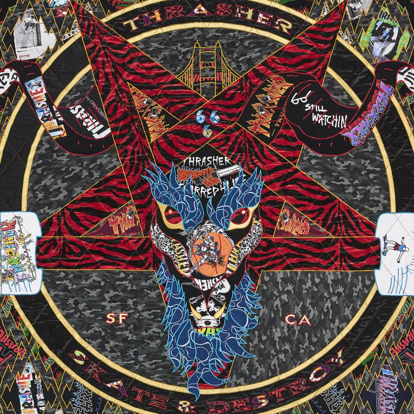 Ben Venom, THRASHER (detail), 2023. 203cm x 216cm (80" x 85"). Quilting, appliqué. Thrasher T-shirts and fabric.