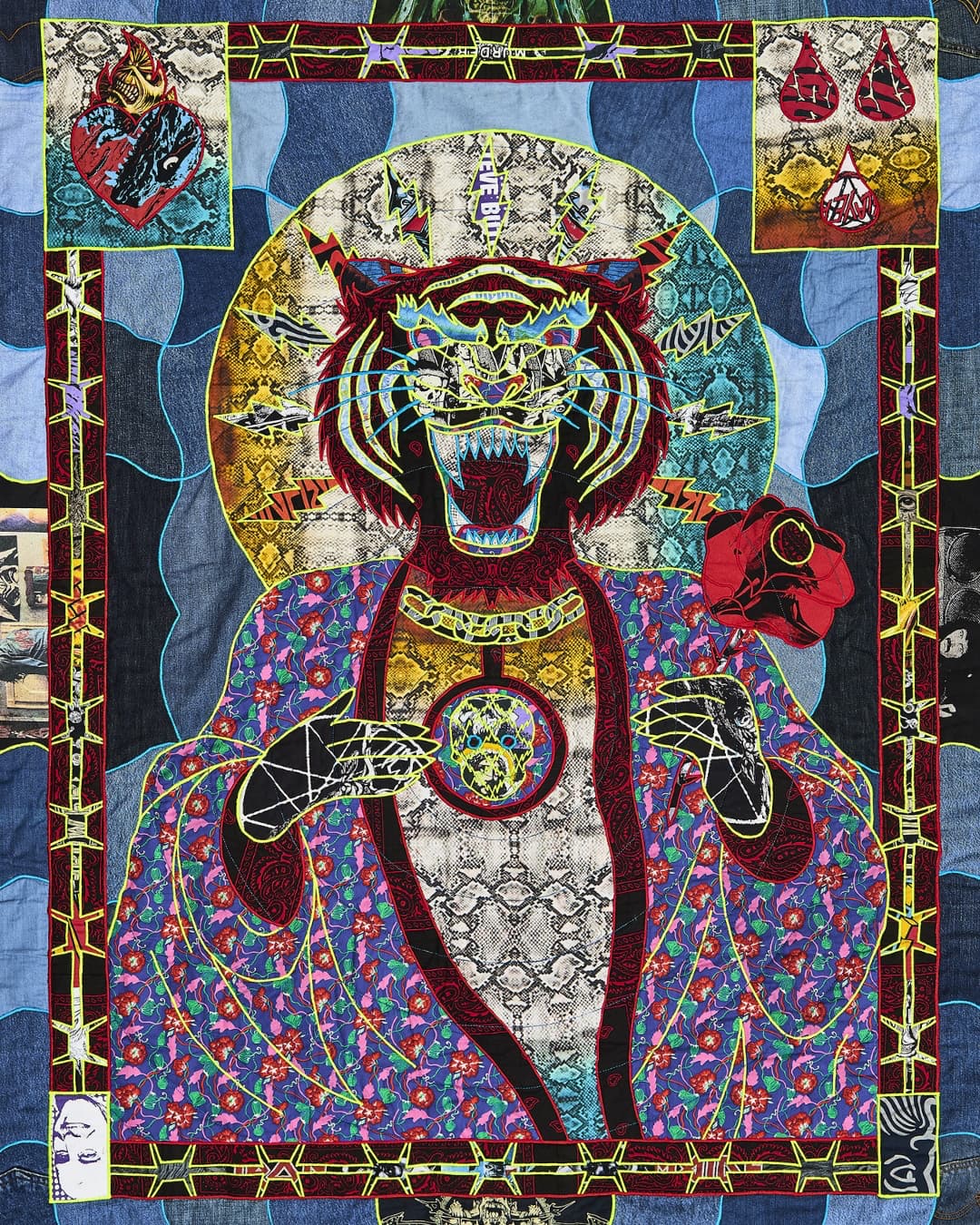 Ben Venom, Saviour, 2024. 127cm x 178cm (50" x 70"). Quilting, appliqué. Recycled fabric.