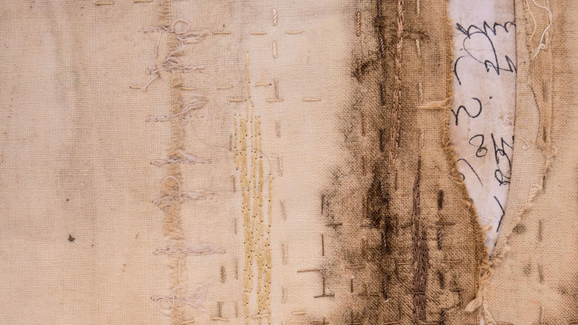 Beverly Ayling-Smith, Wall of Memory (detail), 2017. 270cm x 175cm (9' x 5.75'). Painting, hand and machine stitch. Bedsheet, paper, bitumen, silk threads, machine embroidery threads.