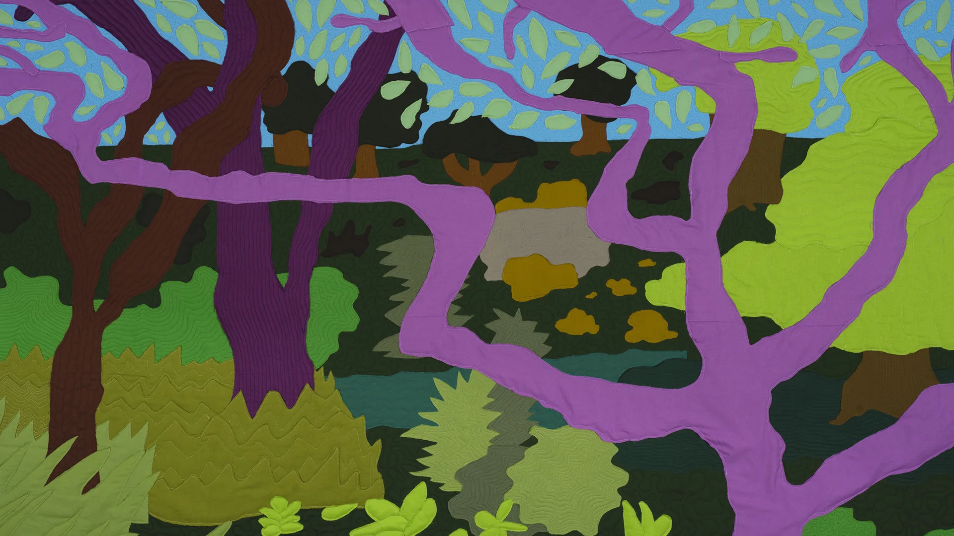 Michael C. Thorpe, Camp Atwood, 2021. 152cm x 203cm (60" x 80"). Quilting. Quilting cotton, batting, thread.