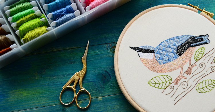 Chloe Redfern: Nuthatch (Embroidery with thread box and scissors)