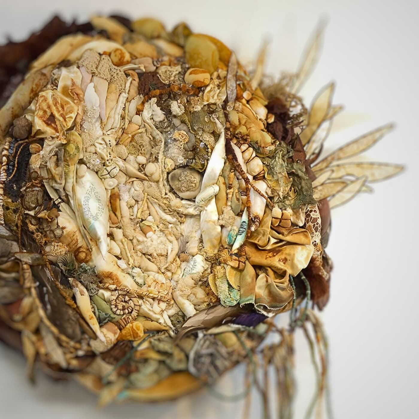 Clarissa Callesen: Fecundity, 2016, 53”x 33”x 7”, Recycled textiles, found objects, wire, animal membrane