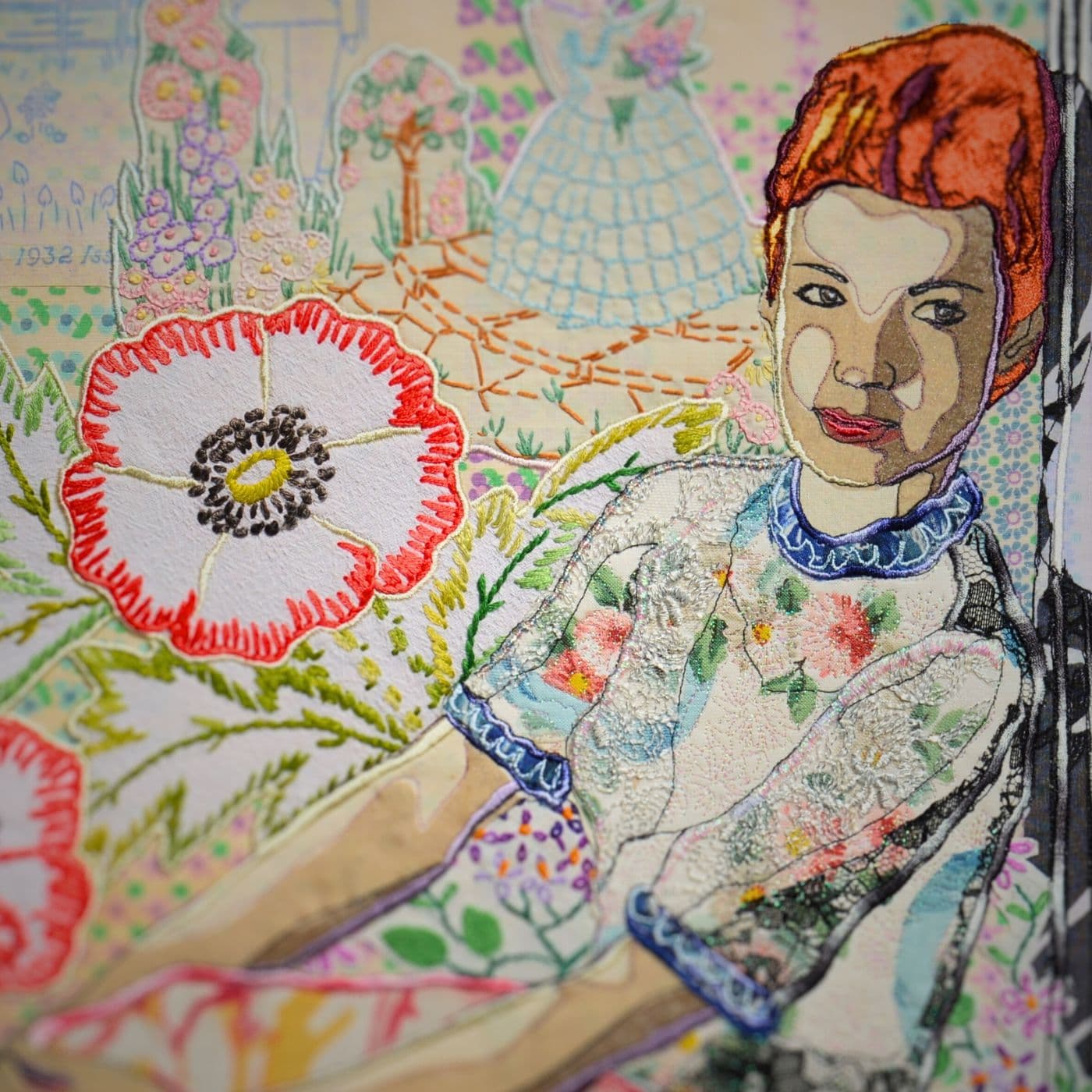 A close up portrait of a woman surrounded by florals.