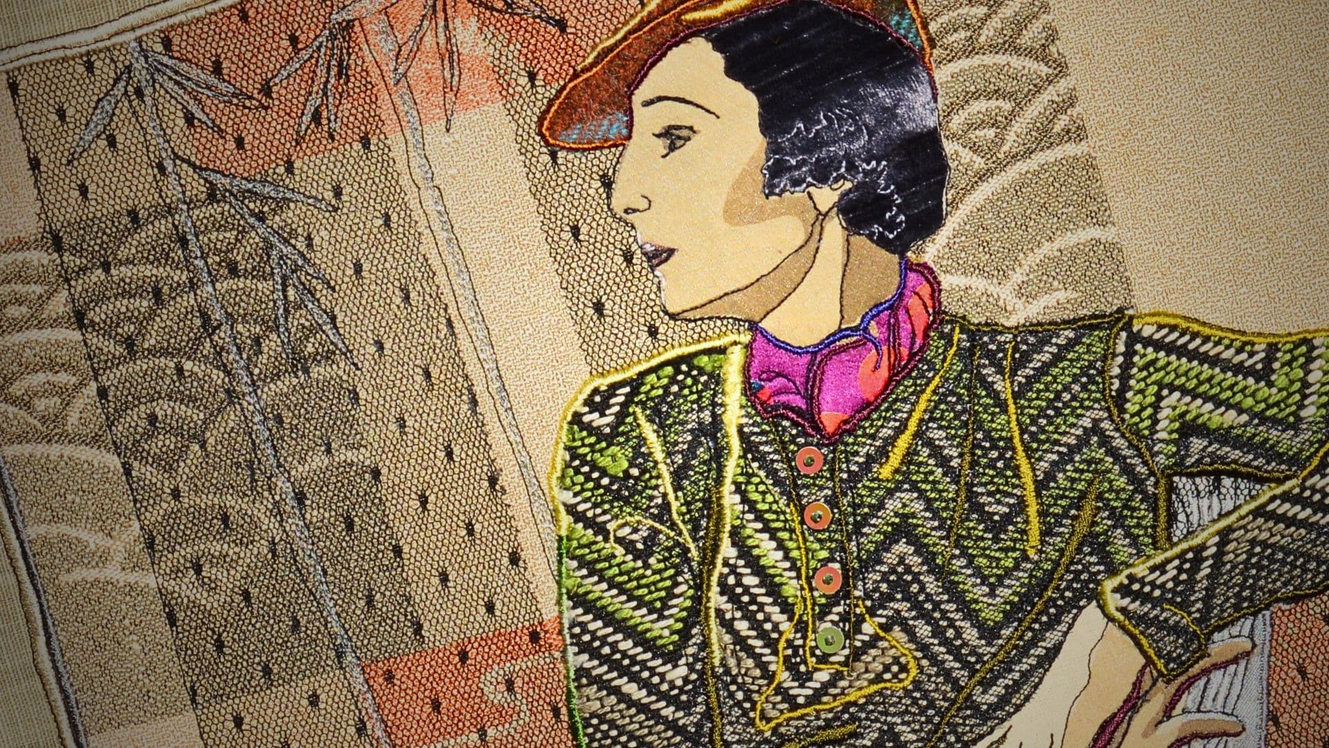 A stitched artwork of a woman in profile leaning on the back of a chair.