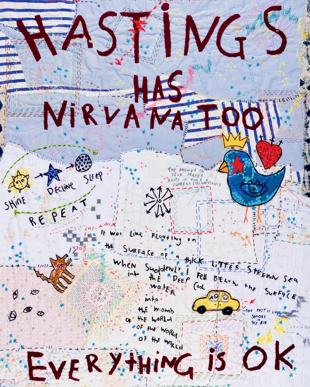 Anthony Stevens, Hastings Has Nirvana Too, 2019. 102cm x 81cm (40" x 32"). Hand embroidery, appliqué, hand stitch. Mixed textiles, mixed threads, acrylic paint.