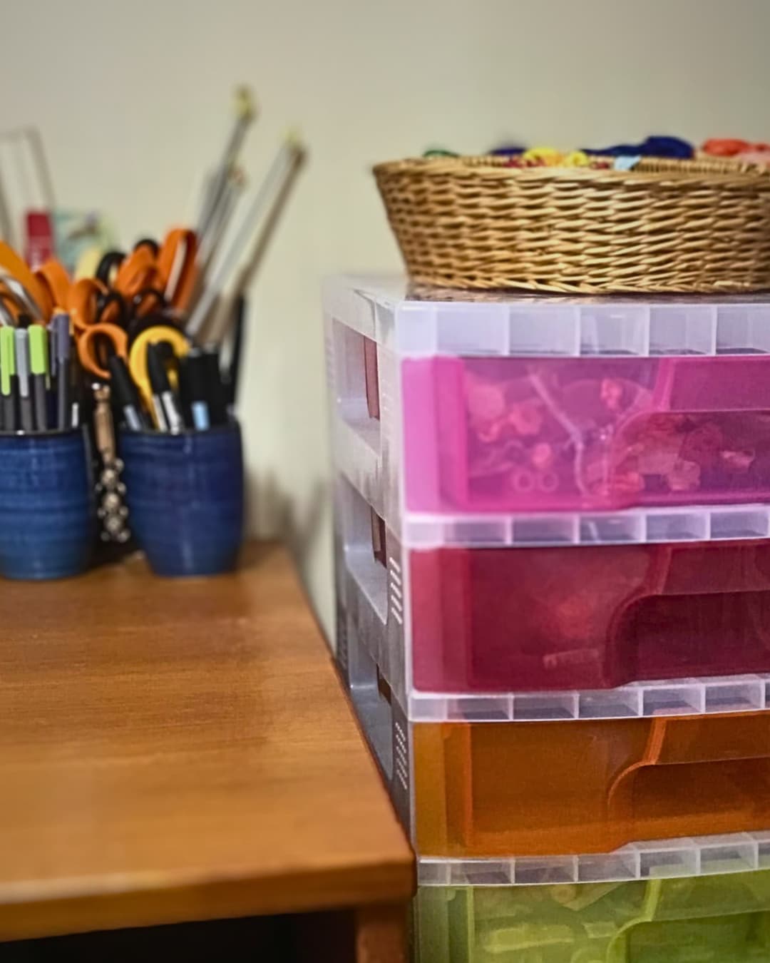 Coloured plastic drawers for thread storage