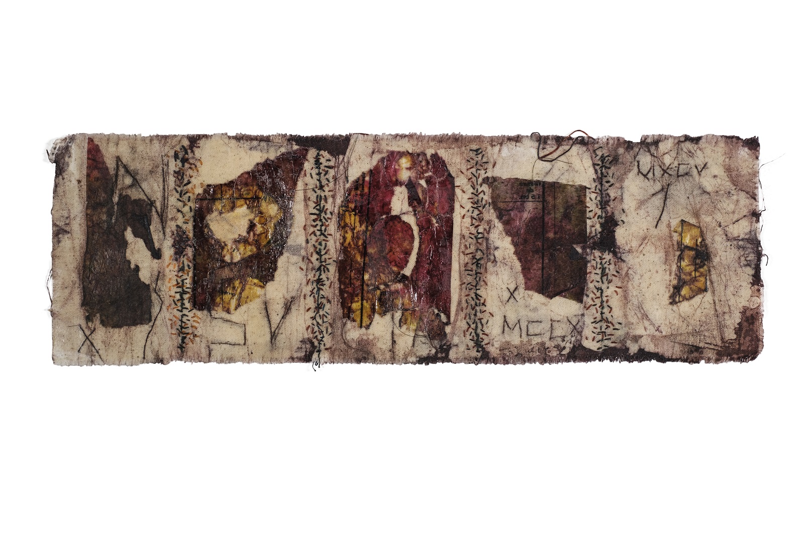 Els van Baarle: Roman wall, 2019, 20 x 60 cm, wax and dye on cotton, paper and stitch added. (Photo Credit: Joop van Houdt)