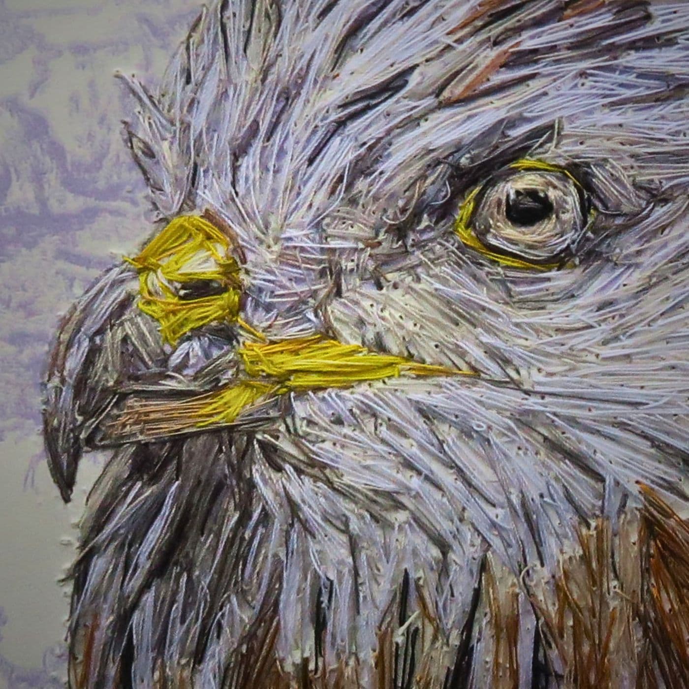 A close up of a bird of a thread painting of a Red Kite