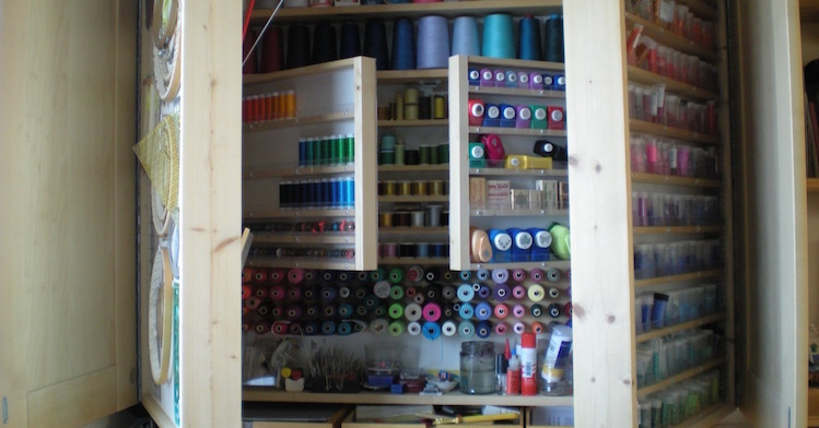 Isobel Currie textile artist|Workspace|Craft cupboard|Desk|Fabric storage drawers|Beads|Work tray|Isobel Currie