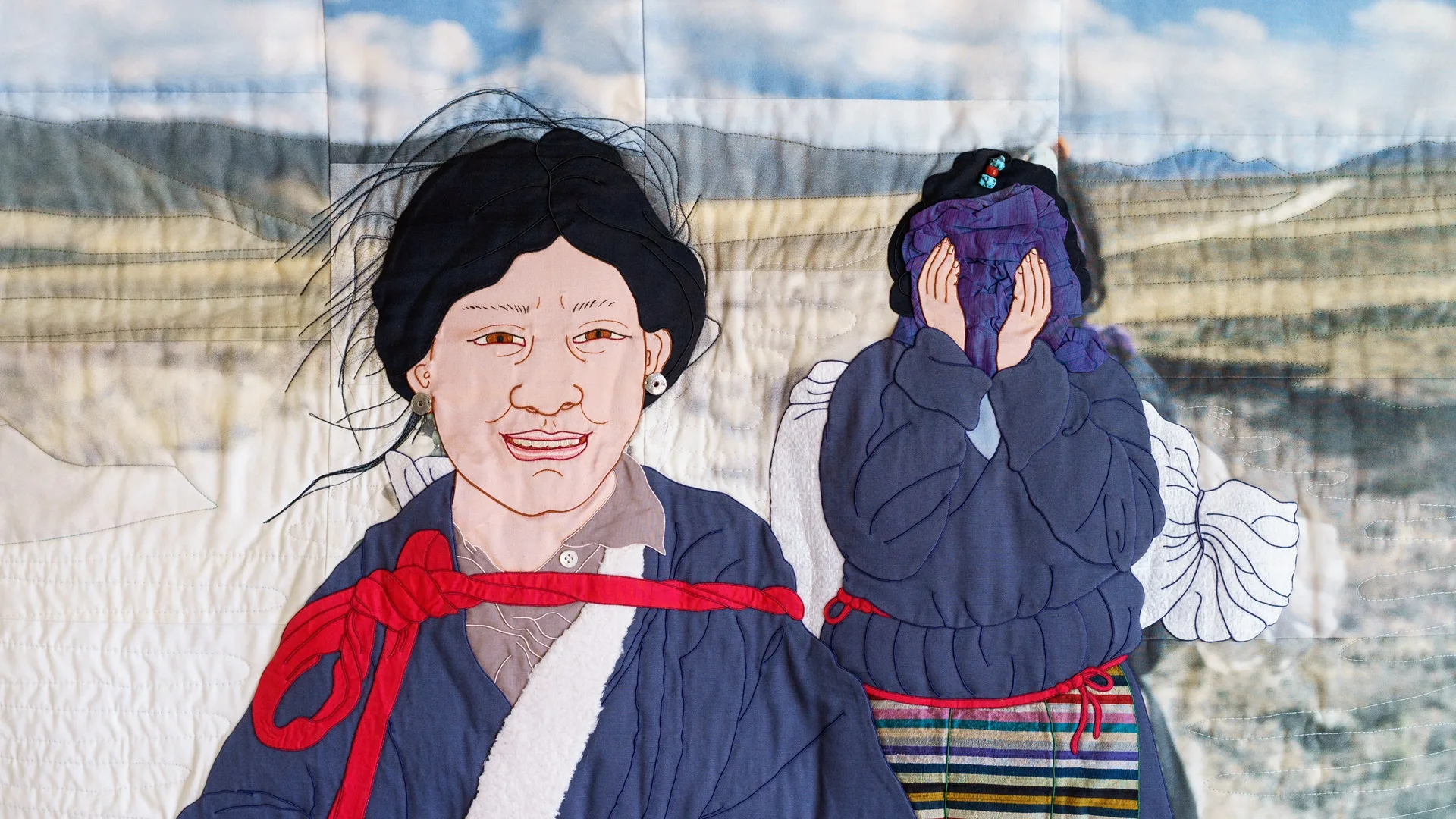 Leslie Rinchen-Wongmo, Faces Of Pilgrimage, 2008. 60cm x 90cm (23" x 36"). Inkjet photo printing, hand stitch, Tibetan appliqué, machine quilting. Silk satin, cotton, plastic sacking, horsehair, various fabrics. 