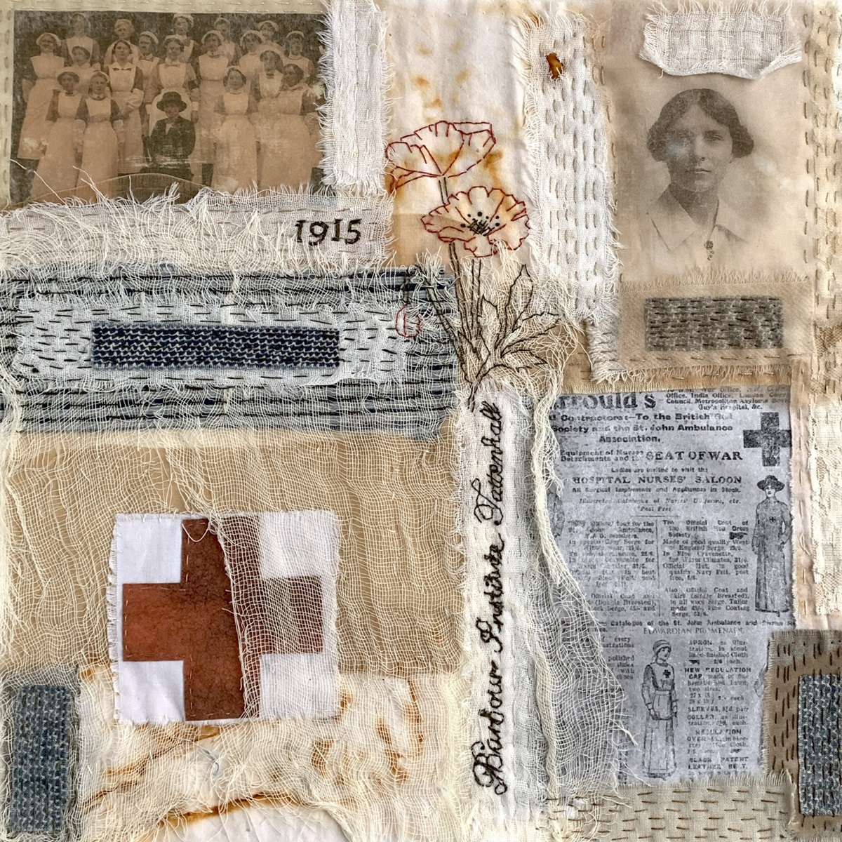 Gill Tyson, Marjorie’s Story: Tattenhall Remembers or Women’s Contribution to the War Work, 2023. 31cm x 31cm (12" x 12"). Collage, image transfer, hand stitch. Rust-dyed cotton, eco-dyed silk organza, recycled fabrics, scrim/bandages, image transfers. DMC stranded cotton embroidery threads.