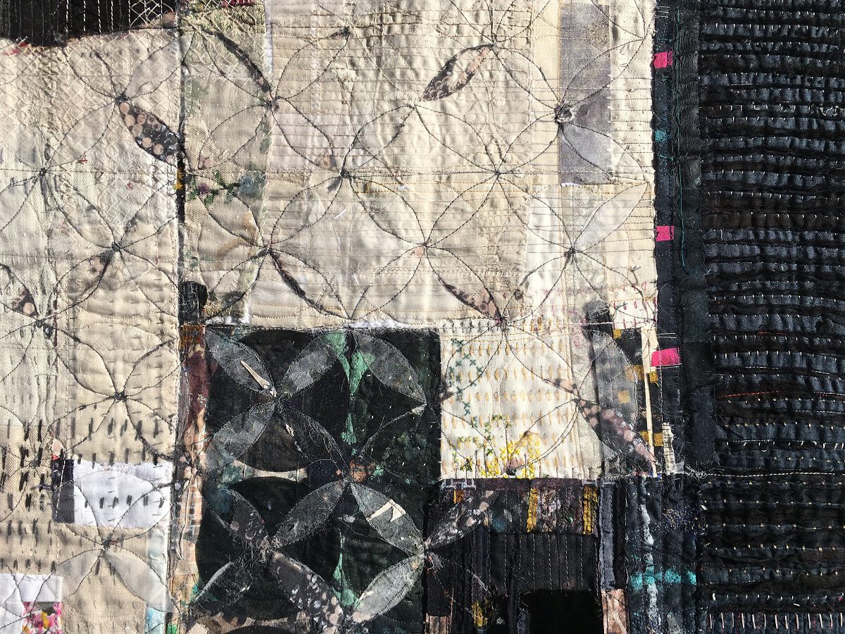 Hazel Bruce: This is where I am (Detail), 2013, Linen, cotton, silk, salvaged screen print fabric. Piecing, patching, hand and machine stitch