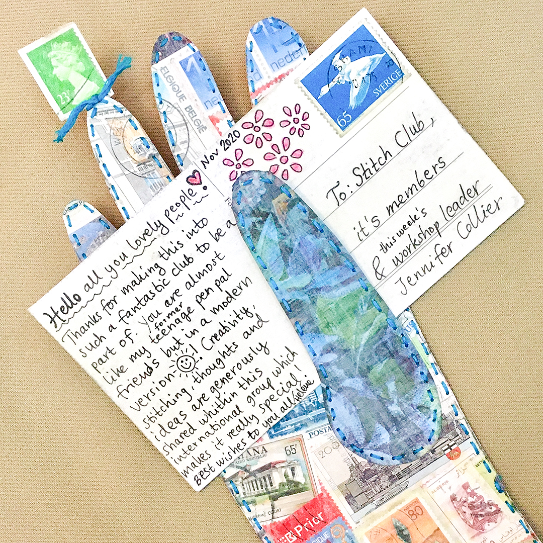 Heléne Forsberg, Hello Stitch Club, 2020. 10cm x 30cm (4" x 12"). Hand stitch through paper. Thread, stamps, paper. Jennifer Collier Stitched Paper Glove Project.