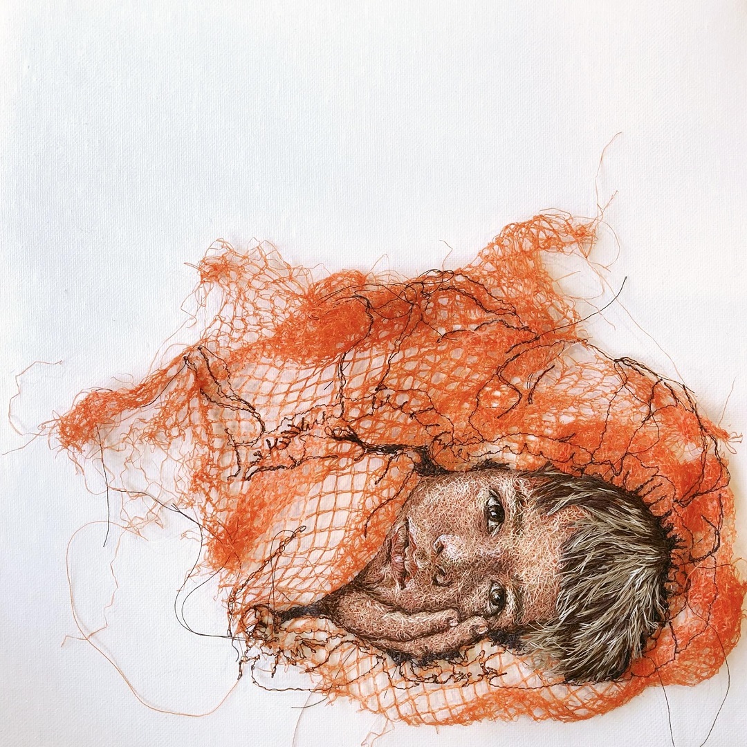 Melissa Emerson, I Know Your Face, 2022. 23cm x 25cm (9" x 10"). Hand embroidery. Fruit netting, sewing machine threads.