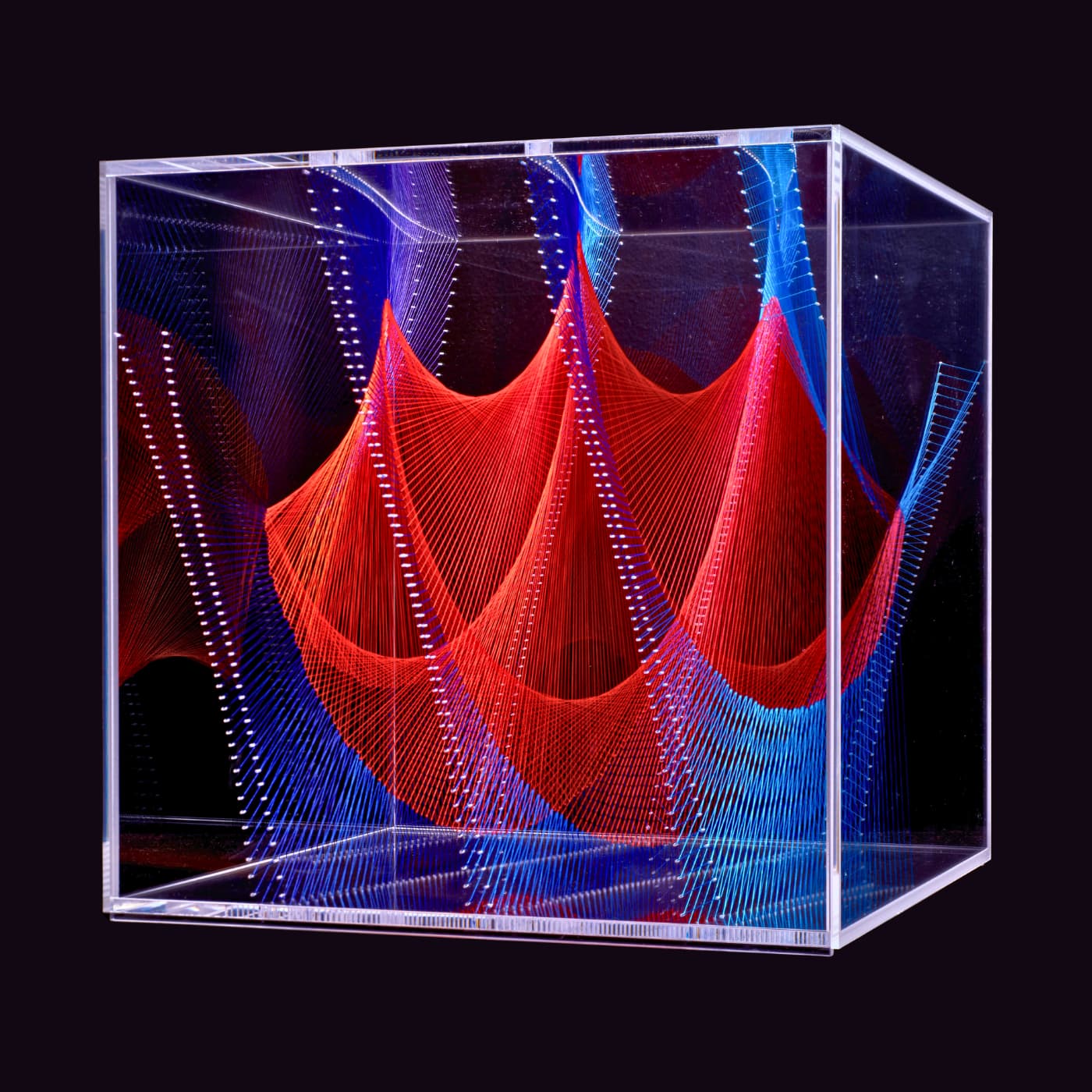 A floating artwork of read and blue threads hanging inside a clear perspex box