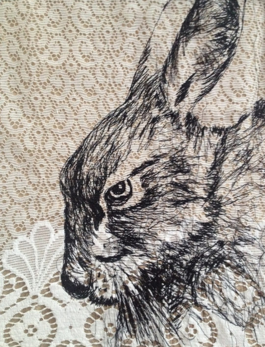 Julie French, Hare Stare (Curtain Twitcher), 2015, machine stitch on vintage lace