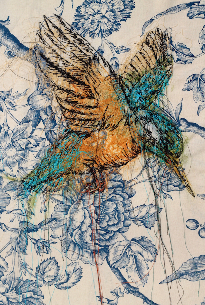 Julie French, Kingfisher, 2017, 32 cm x 47 cm, machine stitch and banana fibres on reclaimed furnishing fabric