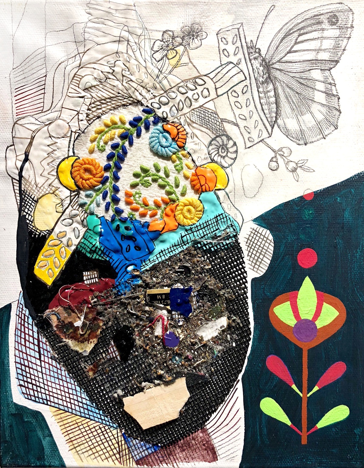 Julie Peppito: Under Water, 2018, Gouache, found objects, thread and acrylic on canvas