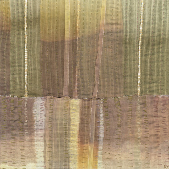 Karen Henderson, Miracle. Linen and Silk organza; shibori, dye painting, color removal, tea dye, with machine and hand stitching. 12”w x 12”h. 2012.