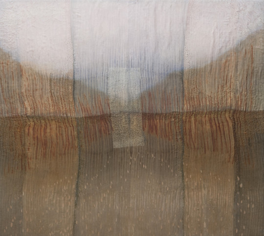 Karen Henderson, Pause. Cotton, linen, vintage kimono silk, and silk organza; shibori dye, rust print, dye painting, color removal, colored pencil, with hand stitching. UV protective varnish. 30”h x 34”w. 2014.