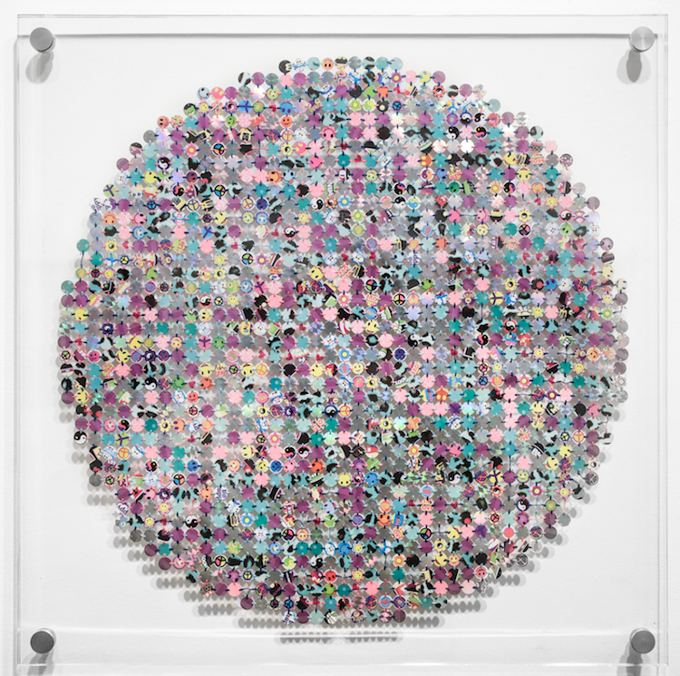 Kelly Kozma, Passionfruit Orange Guava (POG), 2016, 24h x 24w, assorted punched paper, plastic & stickers, hand-stitched together with embroidery thread