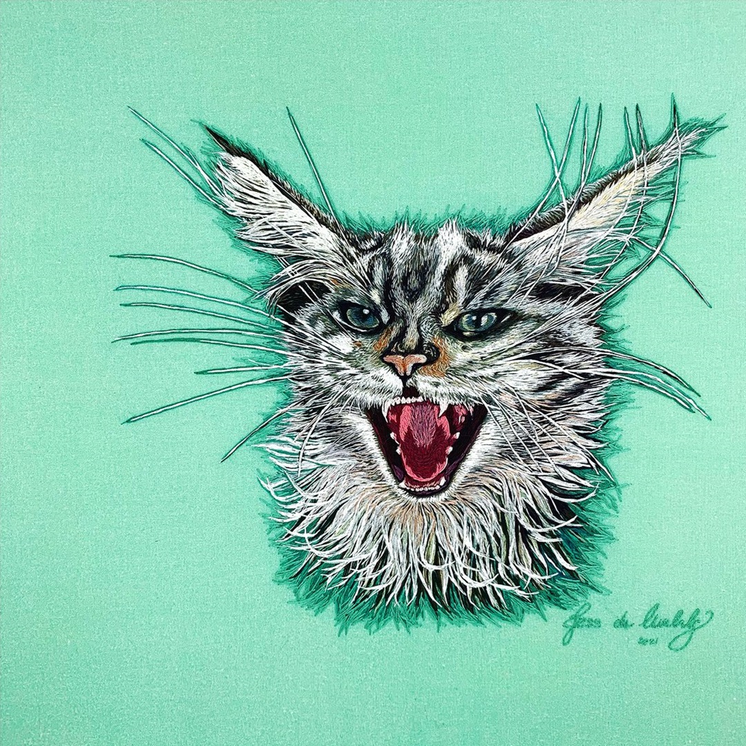 Jess De Wahls, Kitty Kitty, 2021. 35cm x 35 cm (14" x 14"). Hand embroidery. Various embroidery threads. 