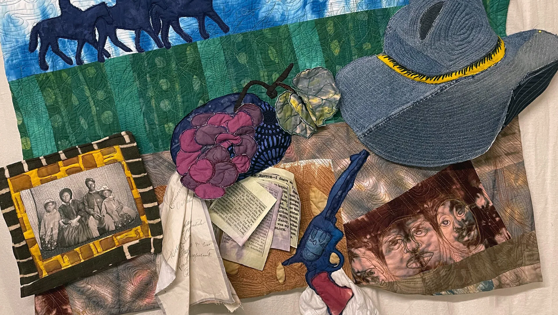 Lauren Austin, View from a Camp Table, 2021. 104cm x 106cm (41" x 42"). Appliqué, photo transfer on fabric, machine quilt drawing, beading, hand dyeing. Cotton.