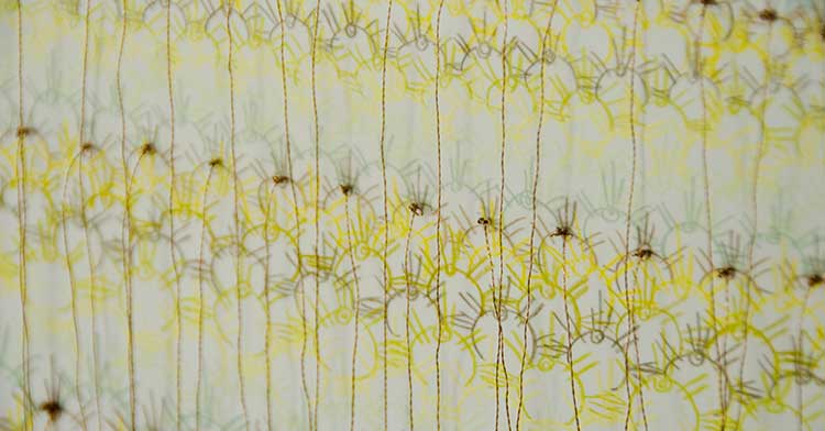 Contemporary textile artist Lisa Solomon|Lisa Solomon - Sanjusangendo crowns [gold] - detail