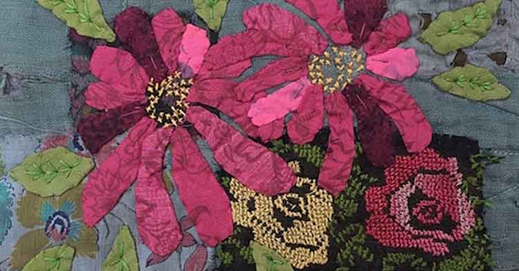 Mandy Pattullo – Pink flowers|MandyPattullofeatureimage|MandyPattullo1Quiltundyed|MandyPattullo2quiltunpicked|MandyPattullo3quiltunpickedback|MandyPattullo4Studiomoodboard|MandyPattullo5BookResearch|MandyPattullo6overDyedquilt|MandyPattullo7StartingApplique|MandyPattullo8flowersfinished|MandyPattullo9choosingleafcolour|MandyPattullo10leaflayout|MandyPattullo11leavesfinished|MandyPattullo12finishedapplique|MandyPattullo13Embroiderythreads|MandyPattullo14startingembroidery|MandyPattullo15finished|MandyPattullo16finhsedback|MandyPattullo17finishedcloseup|Mandy Pattullo Feature Image