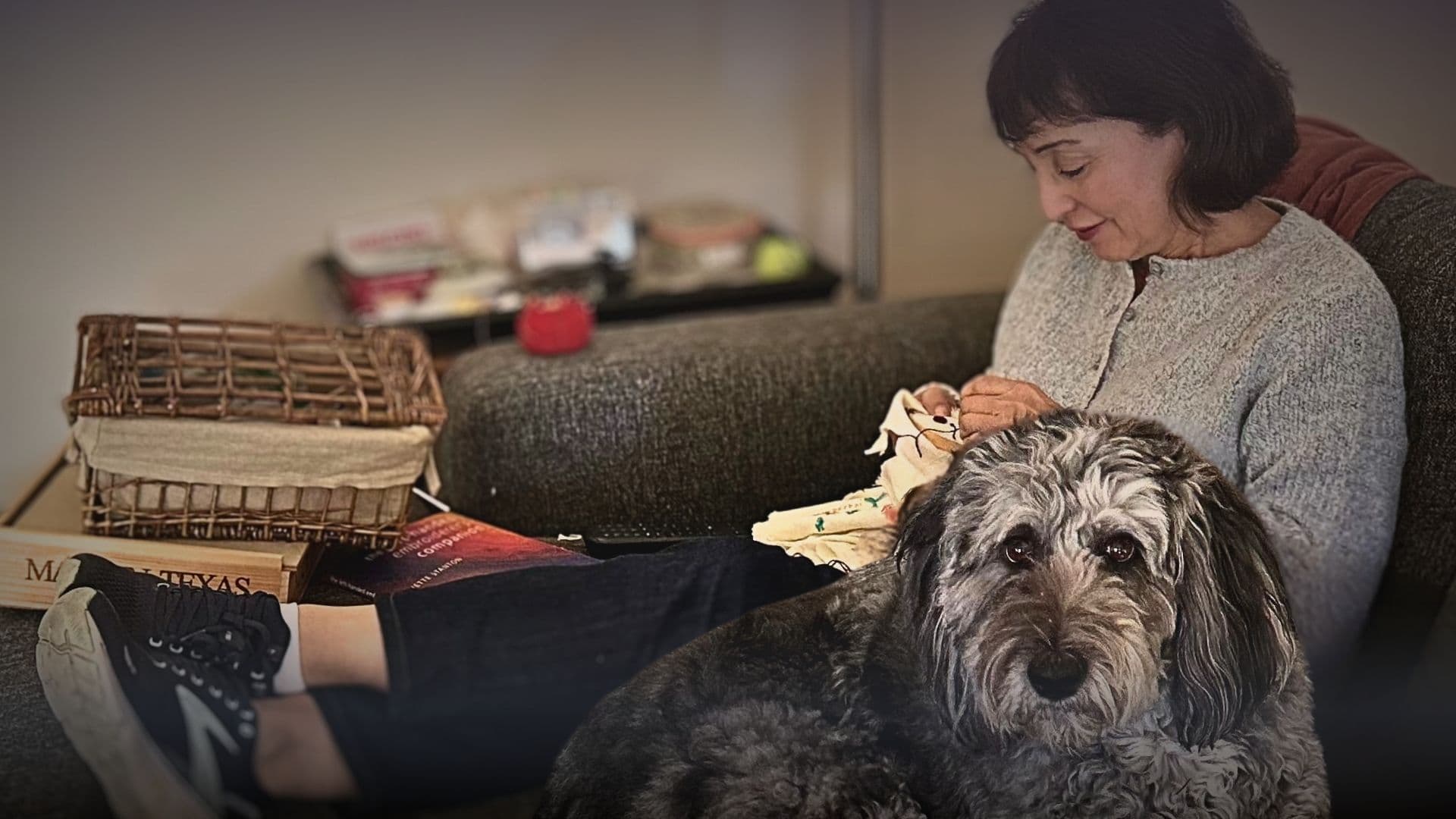 Nancy Luna-Walker likes to stitch in the evenings in front of the TV, with her two muses Frida and Bella.