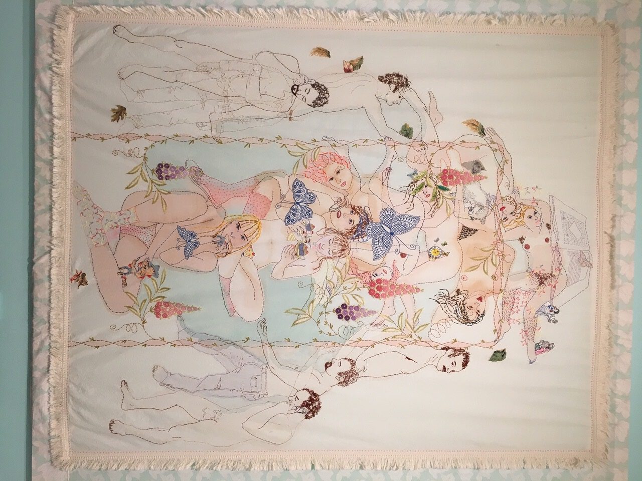 Orly Cogan: Sugar n Spice, 2018, Hand stitched embroidery, applique and paint on vintage bed cover