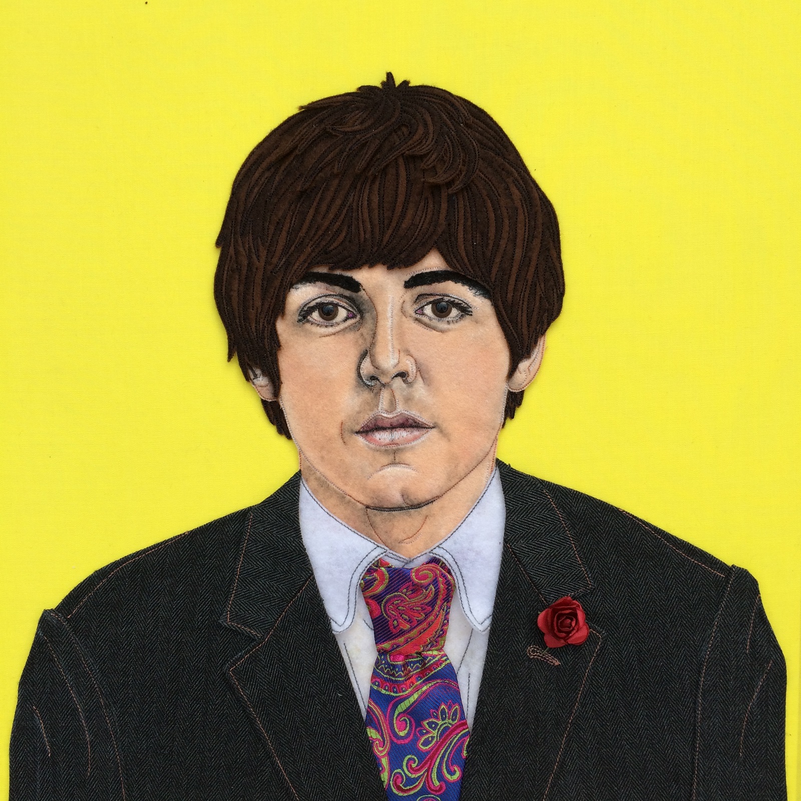 Jane Sanders: Paul McCartney, 2019, 30cm x 30cm, sewn felt, tweed, paisley pocket handkerchief and paper rose