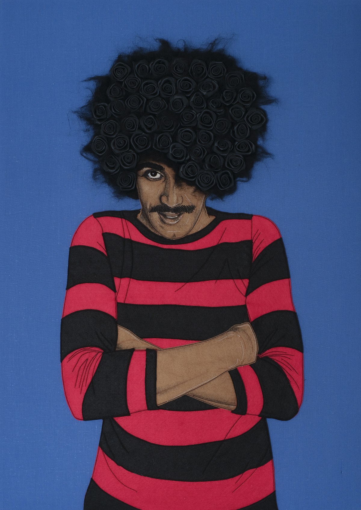 Jane Sanders: Phil Lynott, 2017, 42cm x 60cm, sewn felt, with ribbon roses