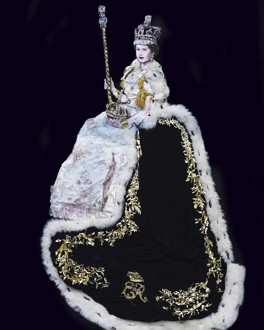 Stacey Chapman, 1953 Coronation of Queen Elizabeth II, 2023. 1.4m x 1.5m (4'5" x 5'). Hand stitch, machine embroidery, and appliqué. Upcycled fabrics, threads, feathers, metal packaging, clingfilm plastic wrap, computer parts, jewels, hair. Photo: ICHF.