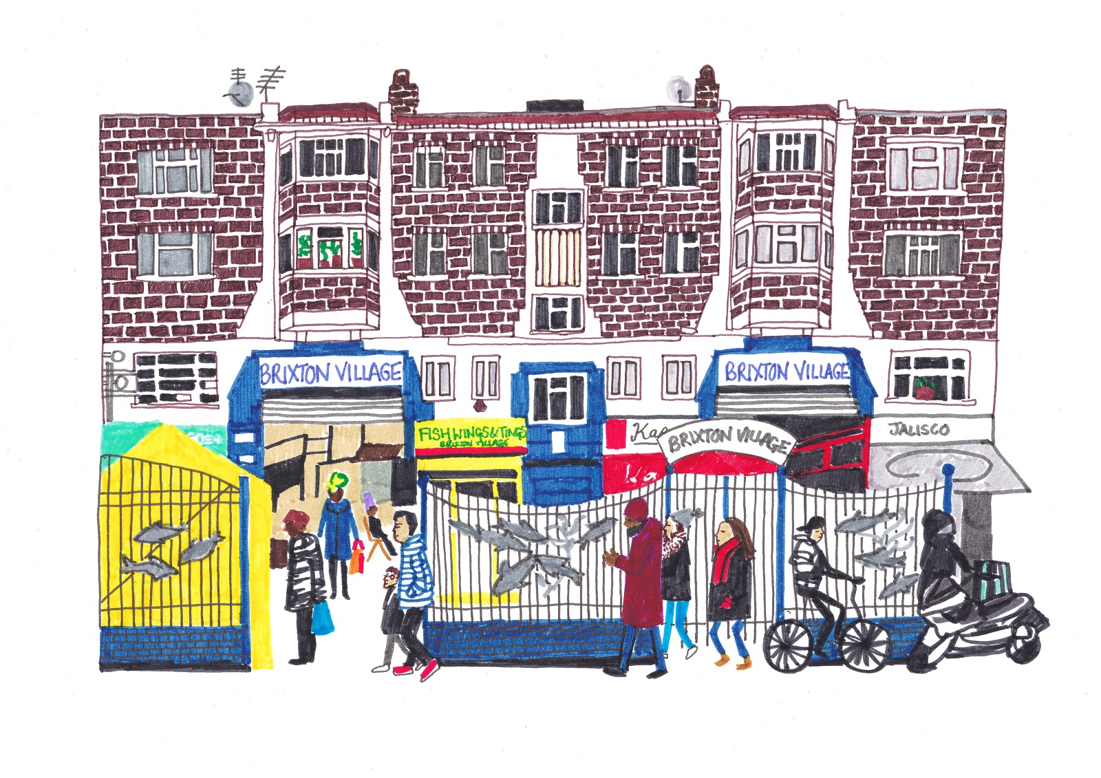 Reena Makwana: Brixton Village Market, 2018, 29.7cm wide, 21cm high, Felt tip pen on paper, drawing