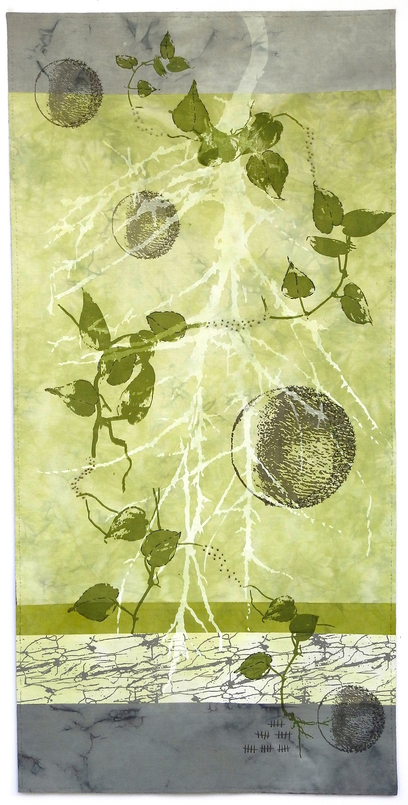 Regina Dunn: Taking Root, 2016, 40 x 19.5 inches, Cotton broadcloth, dyes, fabric paints, thread  Techniques: low water immersion dyeing, screen printing, stenciling, fusing, hand stitching