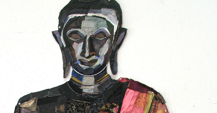 Textile artist Reineke Hollander - detail of Buddha|Textile art by Reineke Hollander|Textile art by Reineke Hollander entitled Sofa|A piece by textile artist Reineke Hollander entitled Village|A piece entitled Buddha by mixed media textile artist Reineke Hollander